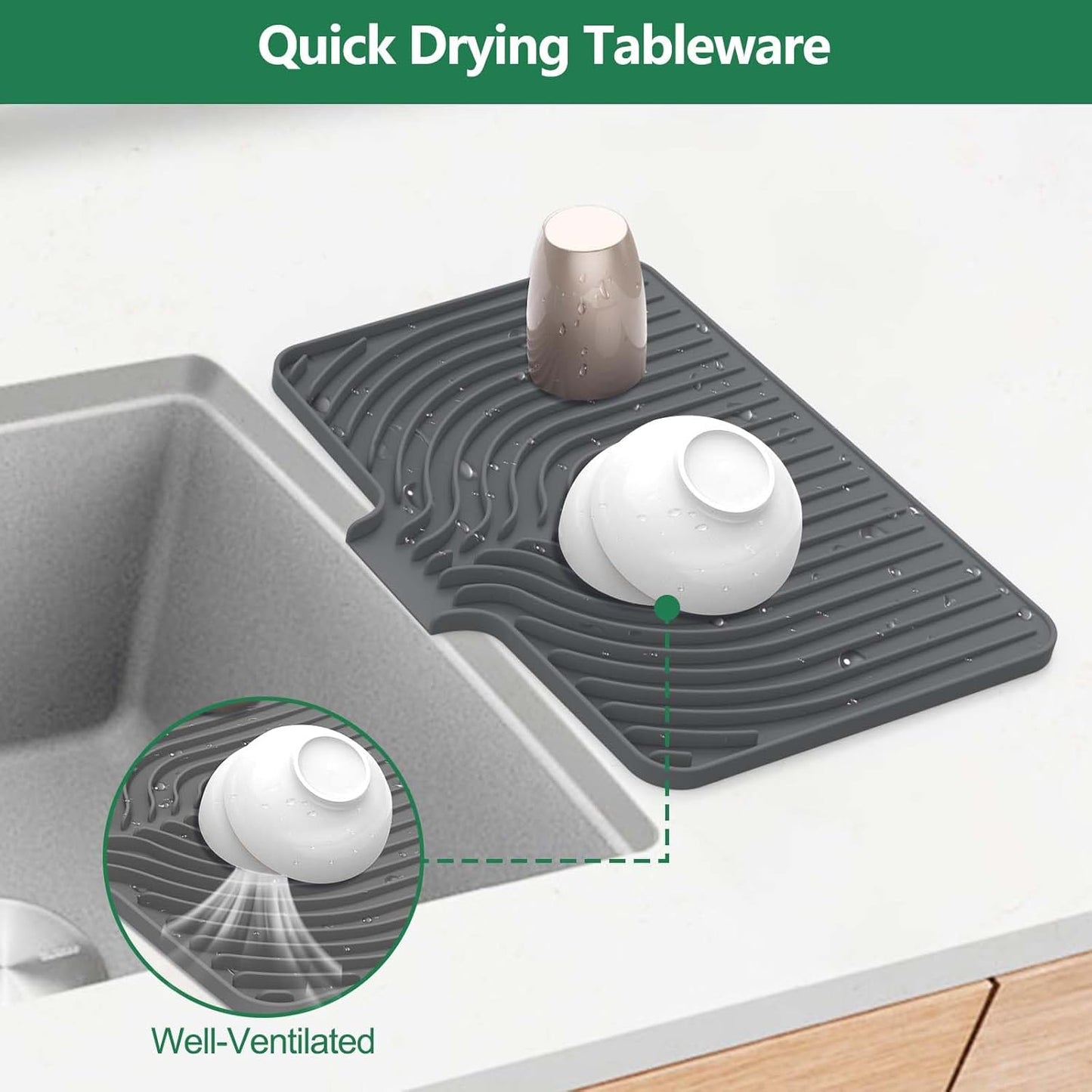 GUUKIN Dish Drying Mat, 14.7"x10.2" Drying Matt Kitchen Counter, Non-Slip Drying Pad, Easy Clean Pad for Countertop Protection, Multi-Functional Use (Grey)