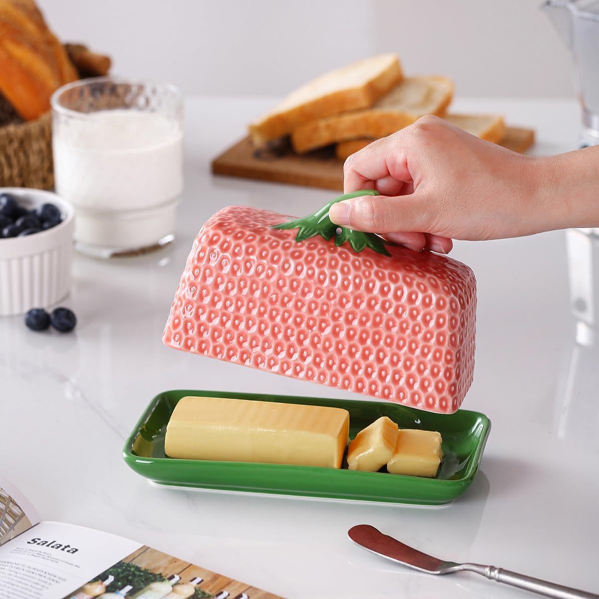 Ceramic Strawberry Butter Dish with Lid for Countertop, Kitchen Butter Keeper, Serving Tray with Cover, Butter Storage Container, Butter Holder, Holds 1 Stick (Pink, Large)