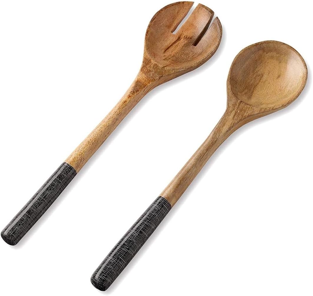 Folkulture Salad Servers or Salad Tongs, Wooden Utensils for Serving Salad, 12-inch Spoon and Fork Set, Mango Wood, Black Servers