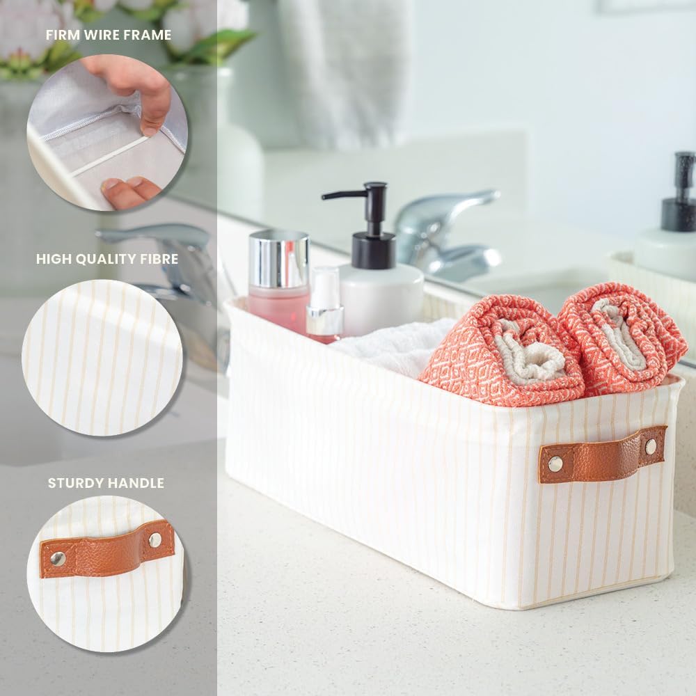 OrganiHaus Narrow Storage Bins 15x06in, Small Closet Bins for Shelves, Bathroom Storage Baskets, Narrow Baskets, Fabric Organizer with Handles, Toilet Paper Organizer - 2 Pack, White w/Brown Stripes