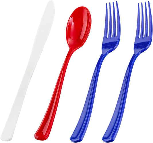 Liacere 200Pcs 4th of July Red Blue Disposable Plastic Silverware-Red Blue Plastic Cutlery - American Flag Patriotic Party Supplies include 100Forks 50Spoons 50Knives for Independence Day&Memorial Day