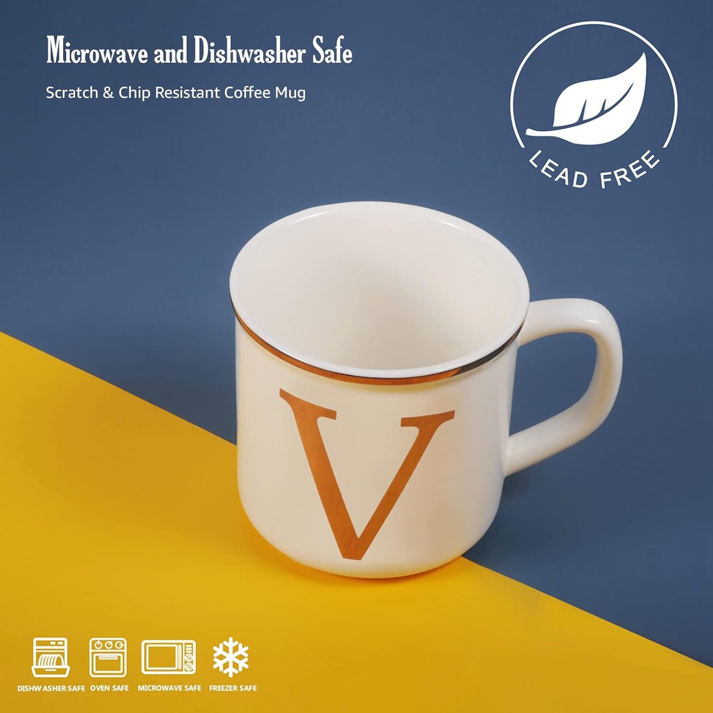 Miicol Ceramic Coffee Mug 16 oz, Monogram Coffee Cup, Golden Initial Tea Mug, Personalized Tea Cup, Unique Gift, Large Mug for Home, Office, Letter V