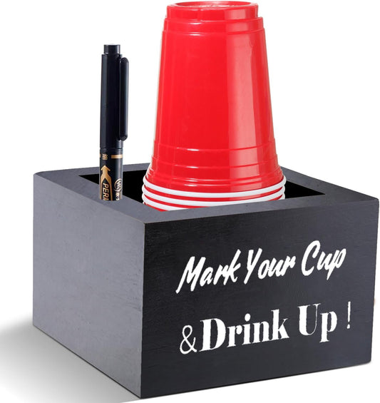 Wooden Party Cup Holder - With Marker Slot, Rustic Disposable Cup Holder for Bar, Kitchen, Countertop, Home & Office, Black