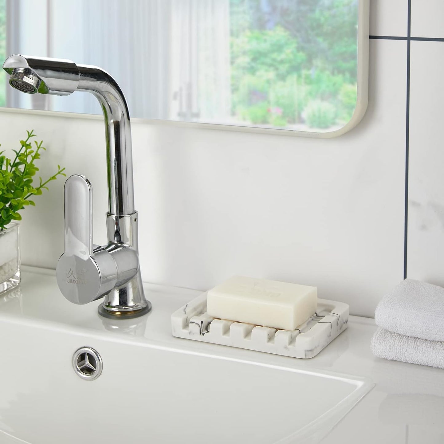 Self Draining Soap Dish - Marble Look Soap Holder Tray Savers Box Container Sponge Holder for Bathroom Shower Kitchen, White