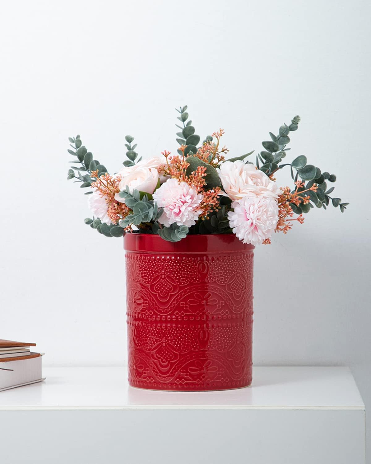 FUN ELEMENTS Kitchen Utensil Holder, 7.2" Super Large Utensil Crock Heavy and Stable Lace Emboss Ceramic Utensil Holder for Kitchen Counter (Christmas Red)