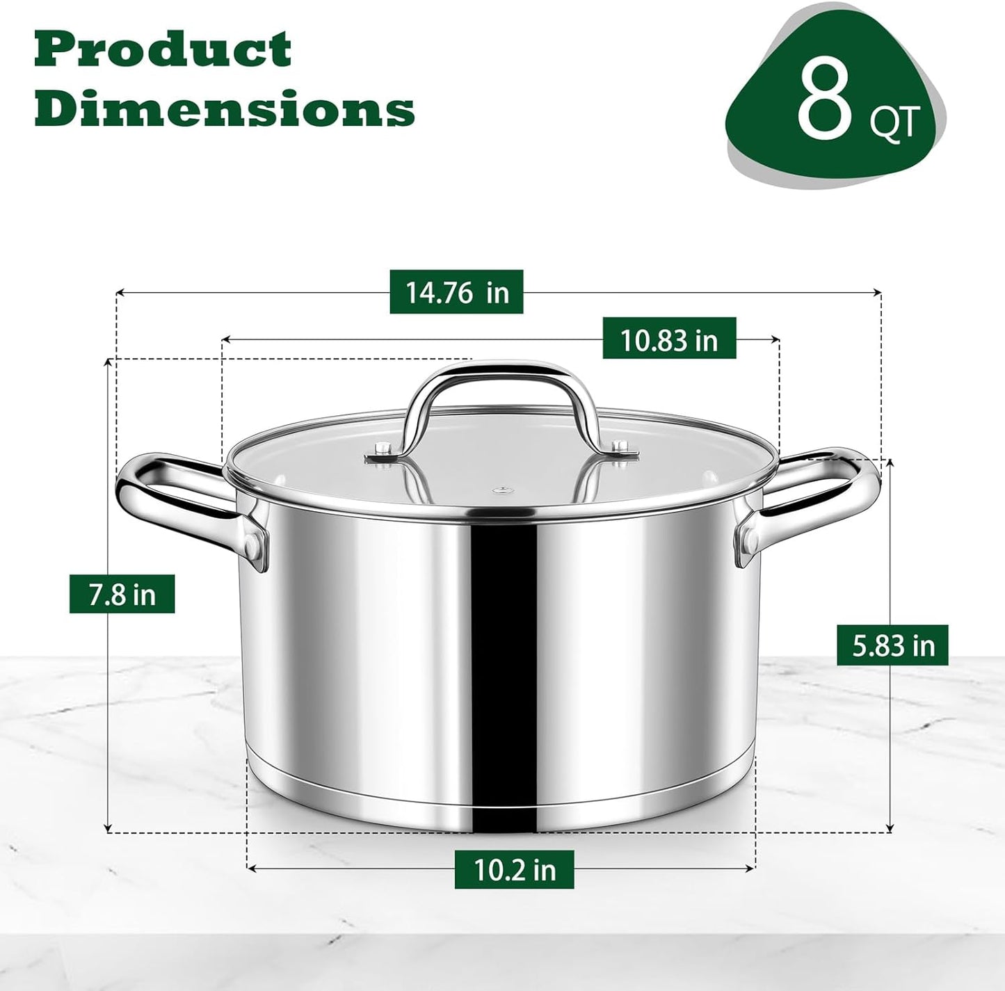 P&P CHEF 8 Quarts Cooking Stock Pot with Lid, Stainless Steel Stockpot Induction Pot for Soup, Tri-Ply Bottom & Clear Glass Lid & Double Handle, Dishwasher Safe