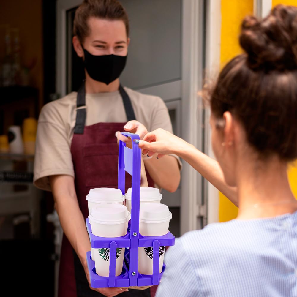 Bodaon 4 Cup Drink Carrier with Handle, Plastic Cup Carriers for Drinks, Drink Holder for Car, GrubHub/Eats Doordash Accessories, Portable Foldable Reusable Mobile, Use for Food Delivery Bag, Purple