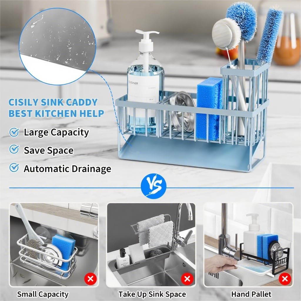 Cisily Sink Caddy Organzier with High Brush Holder, Sponge Holder for Sink, 304 Rustproof Stainless, Kitchen Countertop Soap Dispenser Organizer, Gray Blue Kitchen Decor and Accessories