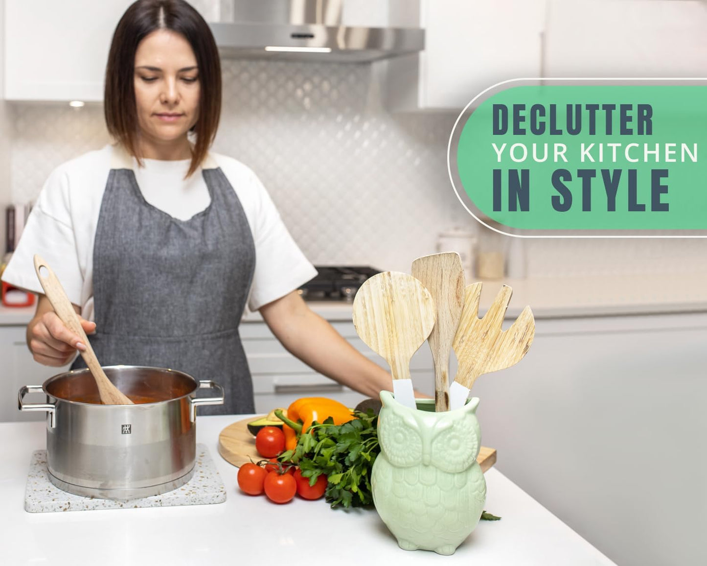 Comfify Owl Utensil Holder Decorative Ceramic Cookware Crock & Organizer, in Lovely Green Color - Utensil Caddy and Perfect Kitchen Ceramic Decor Gift - 5” x 7” x 4” Size