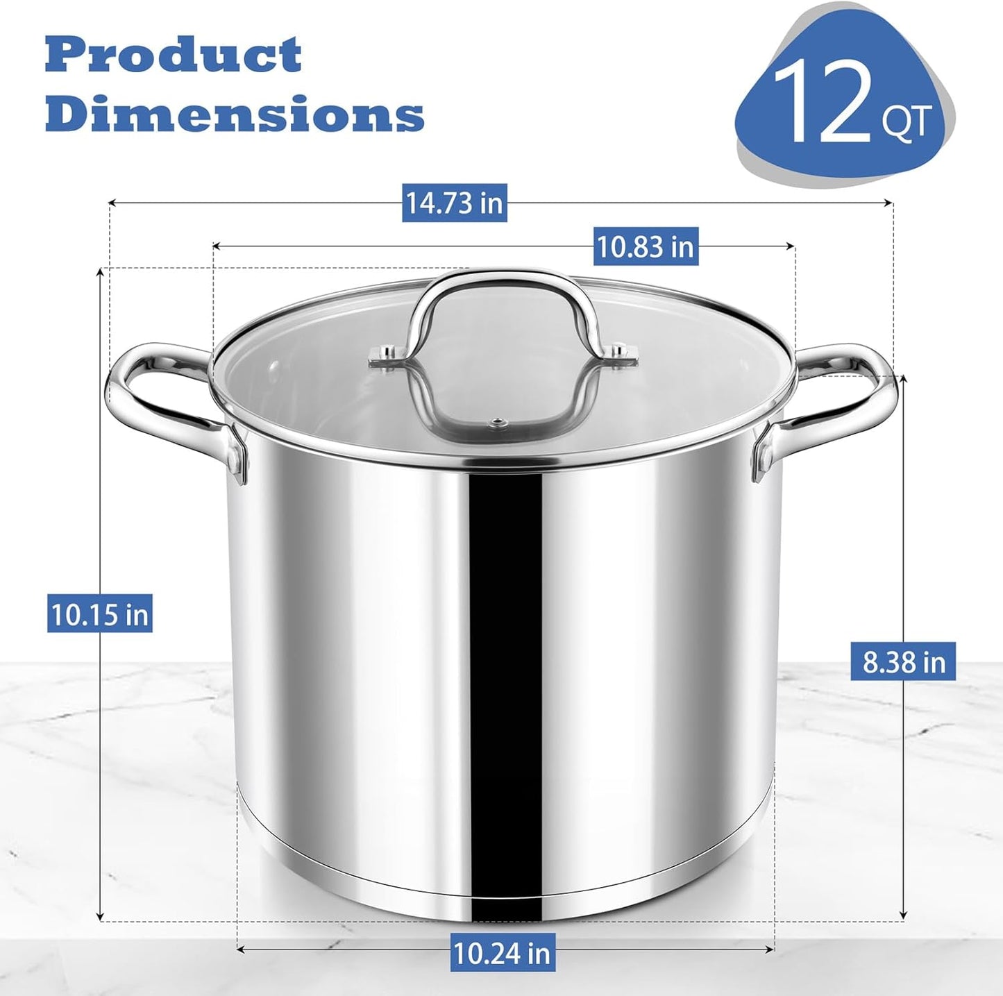 P&P CHEF 12 Quarts Cooking Stock Pot with Lid, Stainless Steel Stockpot Induction Pot for Soup, Tri-Ply Bottom & Clear Glass Lid & Double Handle, Dishwasher Safe
