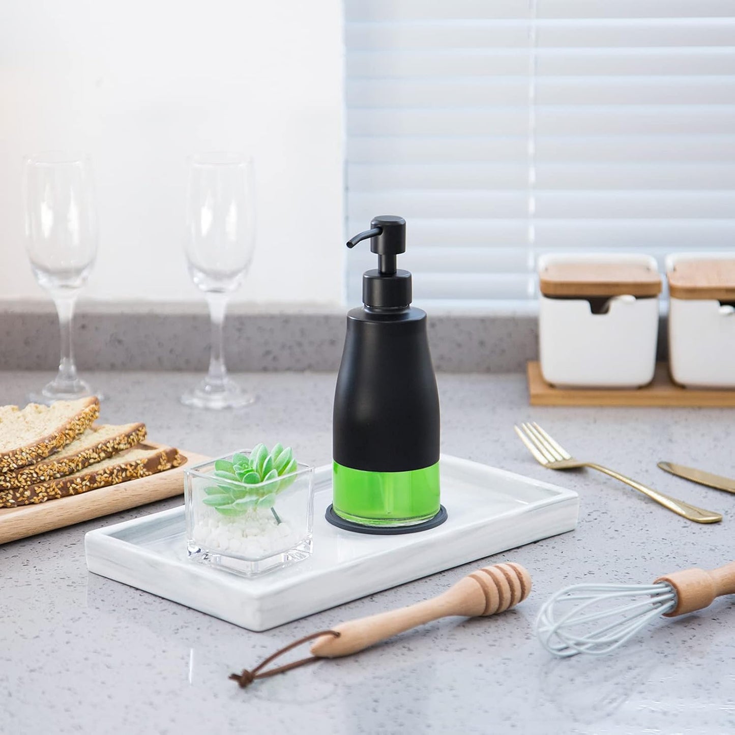 Black Soap Dispenser with Coaster and Stickers, Dish Soap Dispenser for Kitchen, Hand Soap Dispenser for Bathroom, 304 Stainless Steel Glass Lotion Dispenser (2 Pack)