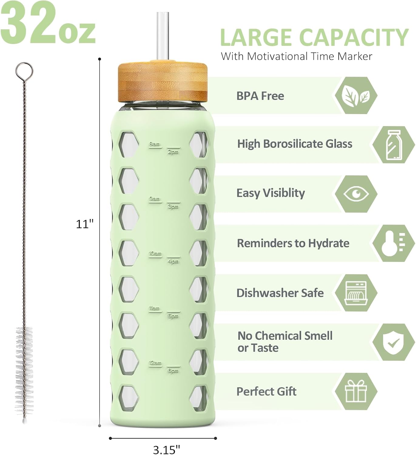 MUKOKO Glass Water Bottles,32oz Glass Tumbler with Straw,Drinking Bottles with 2 Lids-Handle Spout Lid&Bamboo Straw Lid,Motivational Water Bottle with Time Marker and Silicone Sleeve,1 Pack-Mustard