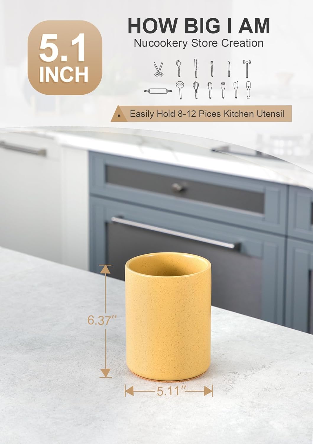 Nucookery Utensil Holder, 6.4" Ceramic Kitchen Utensil Holder for Countertop with Protection Cork Bottom, Vintage Farmhouse Kitchen Decor for Counter (Yellow Sand)
