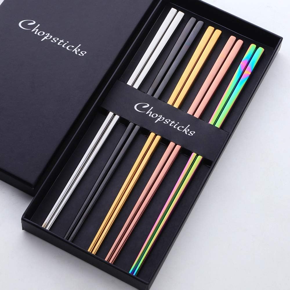 Buyer Star 5-pair Colorful Stainless Steel Chopsticks - Reusable Chinese Square Chopsticks