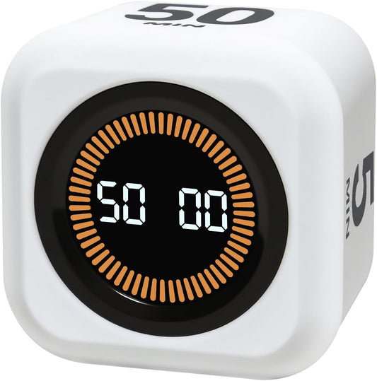 Rotating Cube Visual Timer 5, 25, 10 50 Minutes Preset + Custom Countdown, Rechargeable Desk Productivity Flip Timer with Detachable Silicone Cover for ADHD Study Work Kitchen School (White)