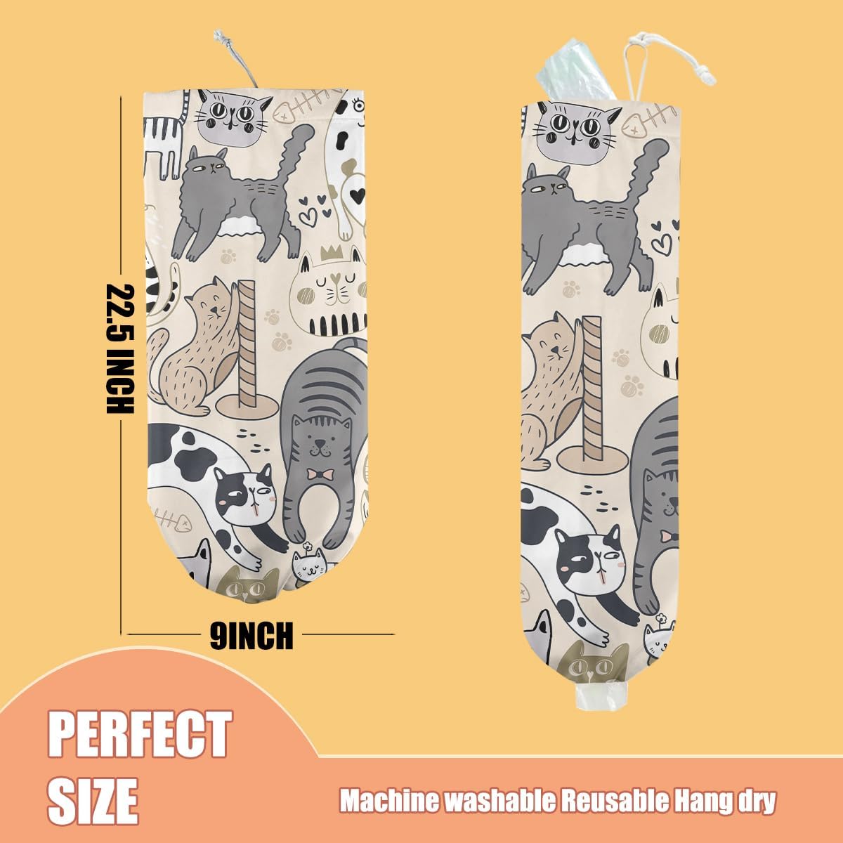 Cat Plastic Bag Holder, Wall Mount Grocery Bag Holder, Plastic Storage bag, Pull Rope Free Adjustment, Plastic Bag Holders for Grocery Bags, Plastic Bag Dispenser for Home Kitchen Travelling