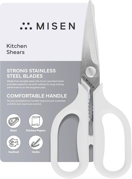 Misen Heavy Duty Kitchen Shears - Comfortable Ambidextrous Scissors for Meat, Poultry, Herbs & More - Easy to Clean - German Stainless Steel - Small | White
