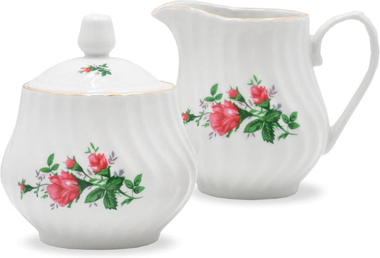 Sugar and Creamer Set - Porcelain Sugar and Creamer Floral Vintage Tea Set with Gold Trims & Embossed Swirls - Exquisite Fine China Tea Set for Parties & Celebrations - Vintage Rose Set by Lynns