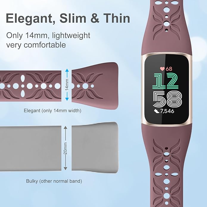 Maledan Slim Engraved Band Compatible for Fitbit Charge 6/Charge 5 Bands Women Men, Elegant Hollow-out Pattern Bracelet Strap Loops Wristbands for Fitbit Charge 5/Charge 6 Fitness Tracker Accessories