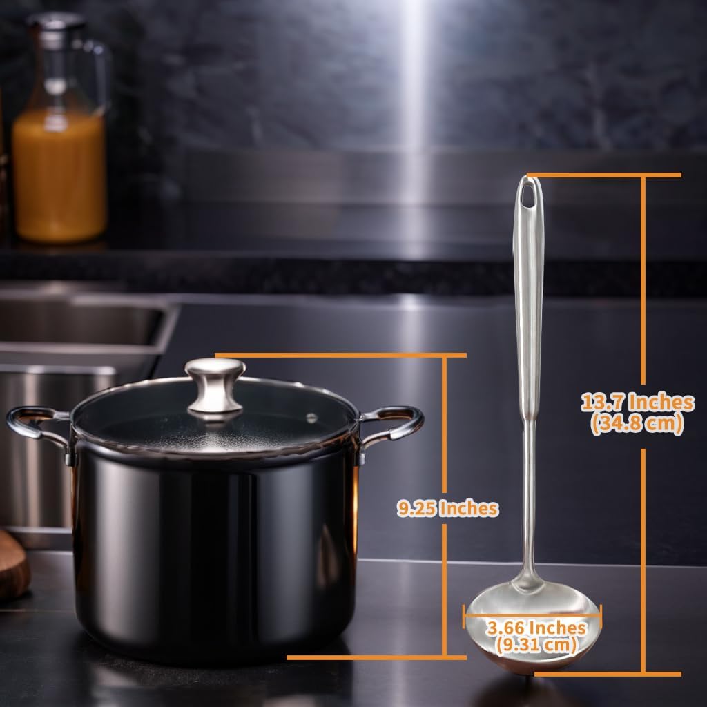 Deep Stainless Steel 13.7 Inches Newness Soup Ladle,[Rustproof, Heat Resistance, Integral Forming]Resilient 304 Stainless Steel Soup Spoon with Vacuum Ergonomic Round Handle, Cooking Spoon for Kitchen