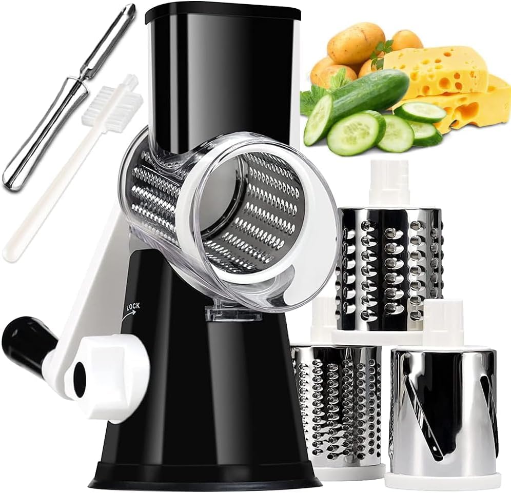 KEOUKE Rotary Cheese Grater with Handle - 3 Changeable Blades for Cheese, Vegetables, Nuts - Black