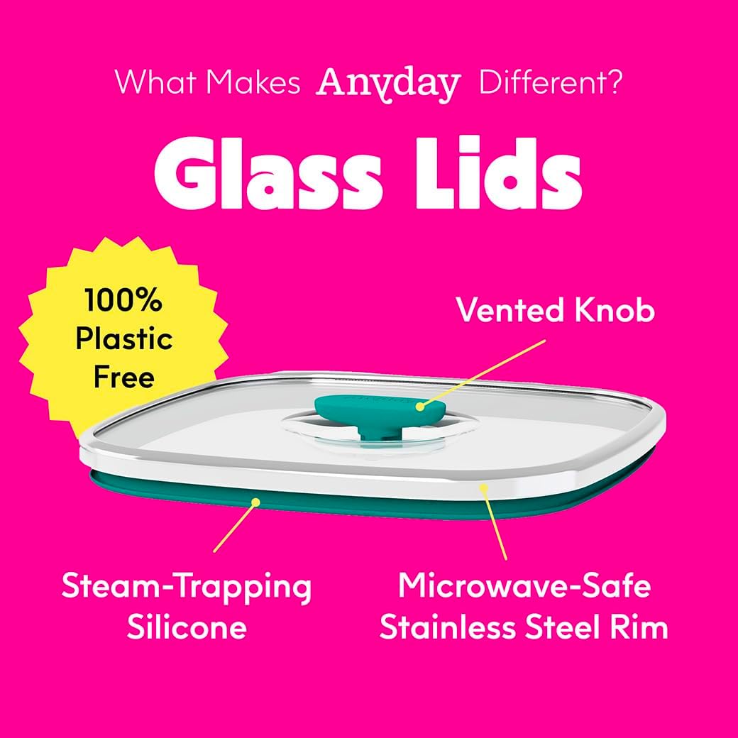 Anyday 5.5-Cup Square Glass Food Storage with Glass Lid | Plastic-Free Meal Prep & Microwave Cookware | Stackable Airtight Storage Container with Vented Lid for Microwave-Safe Reheating