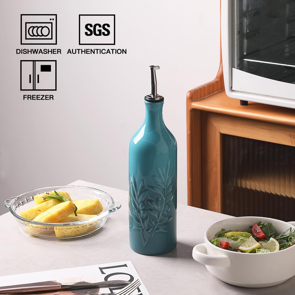 Sweejar Large Ceramic Olive Oil Dispenser Bottle, 24 Oz Relief Opaque Oil Cruet Protects Liquids, Set of 1 (Gradient Blue)