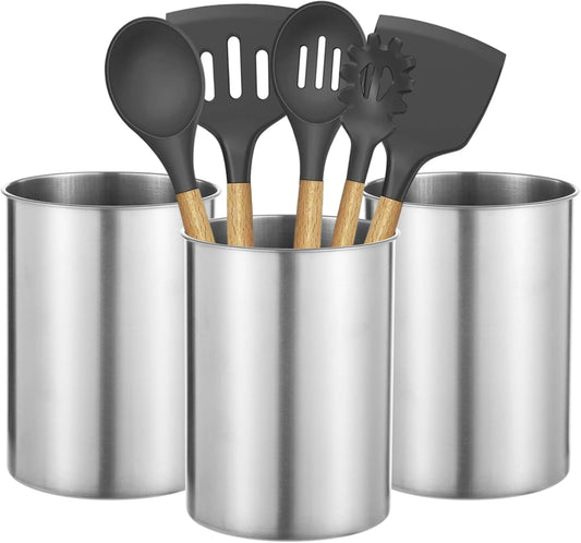 3 PCS Stainless Steel Kitchen Utensil Holders, 5.5 x 7.3 in Cylinder Kitchen Countertop Organizer, Dishwasher Safe Cooking Utensil Holder, Large Capacity for Cafe Restaurant Bakery