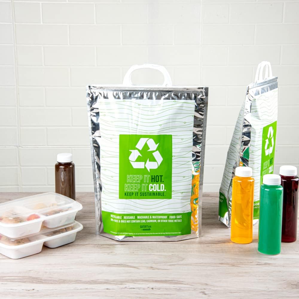 Restaurantware Cater Tek 11.8 x 5.9 x 15 Inch Hot And Cold Bags 10 Triple Layer Insulated Bags - Snap Lock Handles Waterproof Green & Silver Plastic Thermal Lunch Bags For Frozen & Hot Items