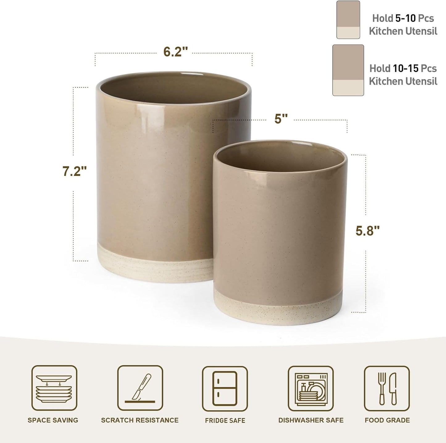 famiware Milkyway Kitchen Utensil Holder for Countertop, 7.2"+5.8" Ceramic Cooking Utensil Crocks for Counter, Utensil Organizer for Spatula & Spoon, Kitchen Decor, Set of 2, Cinnamon Brown