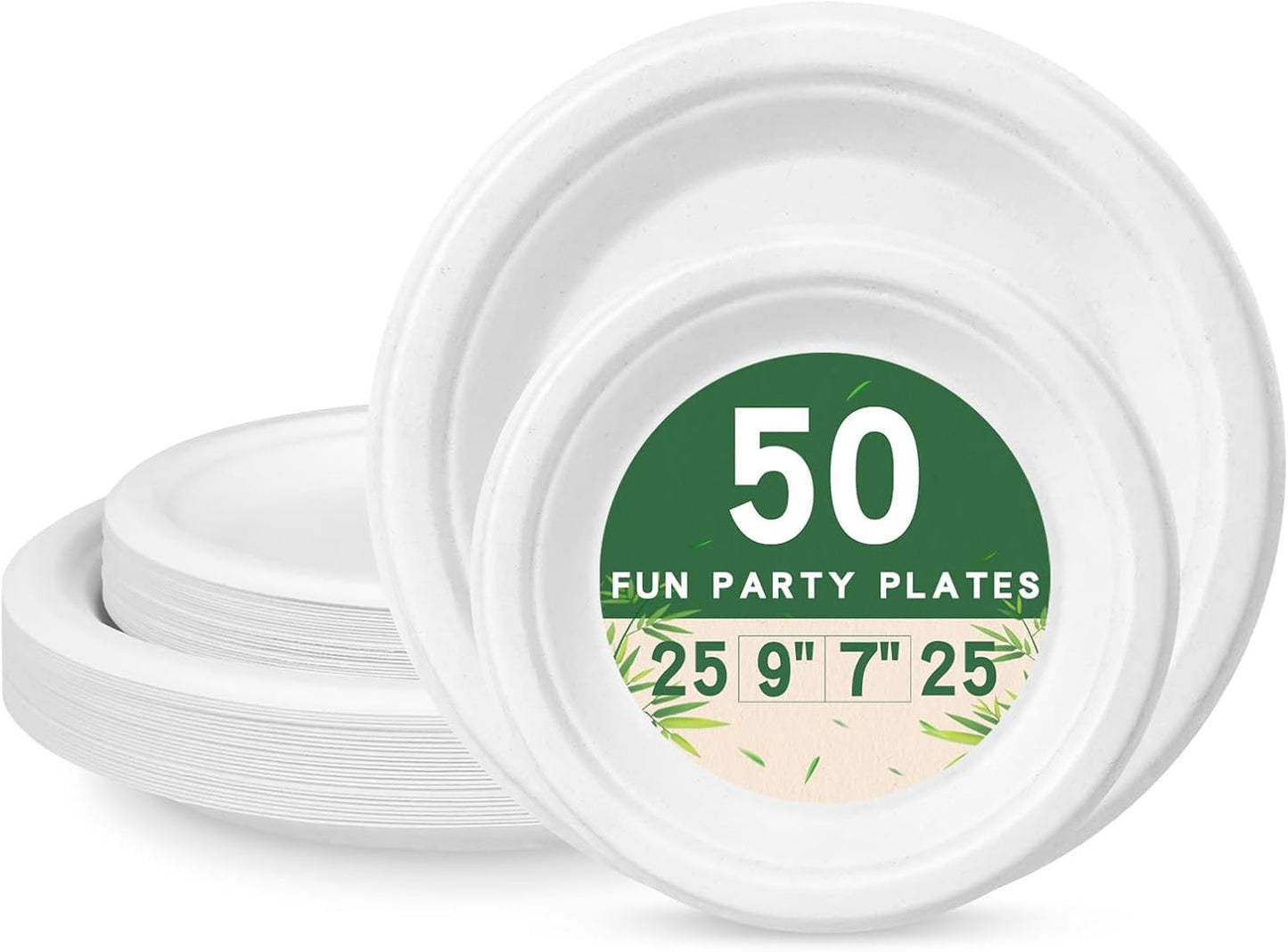50 Compostable Paper Plates, Includes 25-9" & 25-7" Heavy Duty Disposable Plates, Biodegradable Sugarcane Bagasse, White