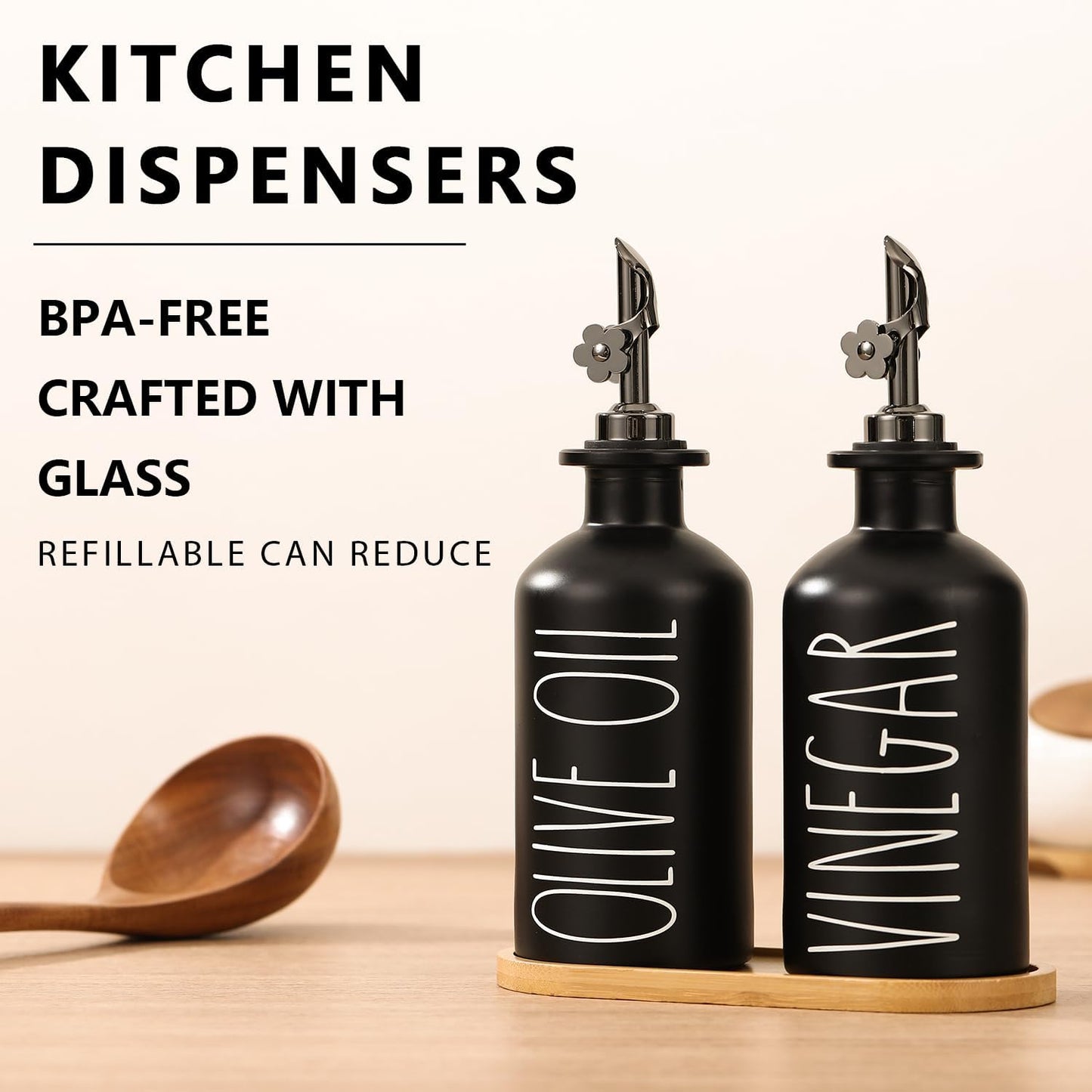 HOMCDALY Premium Olive Oil Dispenser for Kitchen, 11.8oz Glass Oil Bottles with Bamboo Tray, Black Oil&Vinegar Cruet Set, Kitchen Dispenser Bottles with Pourer | Set of 2 (11.8oz –P–Black)
