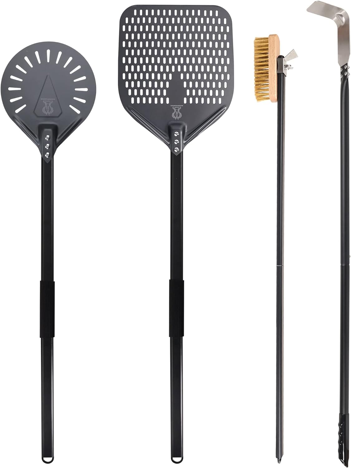 Pizza Turning Peel 9 Inch Perforated Pizza Peel and Pizza Brush Ash Rake 4 Piece Wood Fired Commercial Pizza Oven Utensil Kit with 40-Inch Aluminum Handle