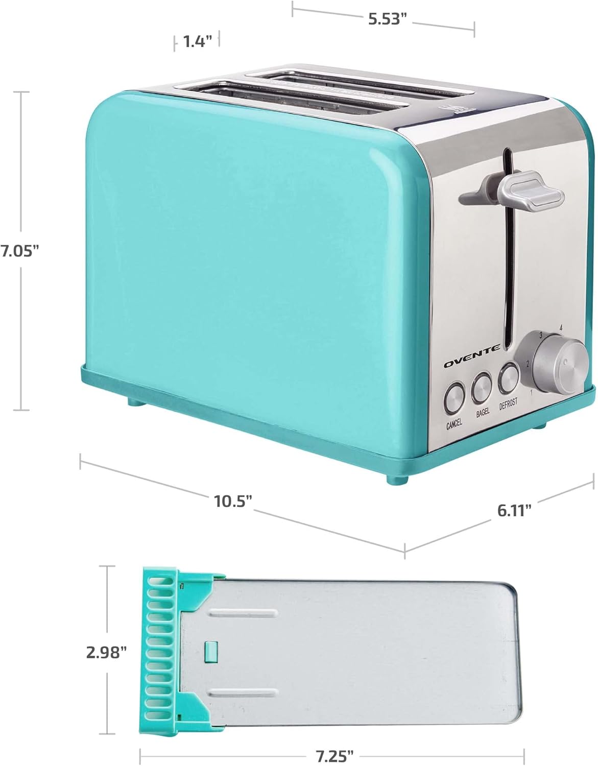 OVENTE Electric 2 Slice Toaster Machine with 6-Shade Browning Selector Setting, Cancel, Defrost, Bagel Buttons, Removable Crumb Tray and Extra Wide Slots for Toasting Breads & More, Turquoise TS2450T