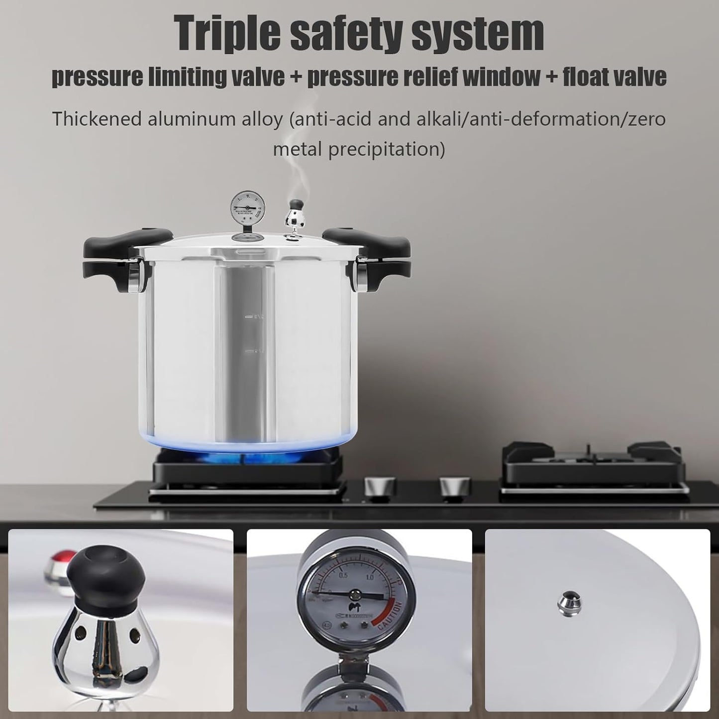 Thickened Explosion-Proof Pressure Cooker, 23 Quart Aluminium Alloy Pressure Cooker, 3 PSI Safety Valve and Gauge, Vegetables, Meats, Gas & Electric Stove Compatible