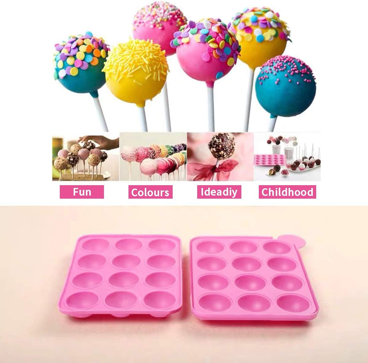 12 Capacity Silicone Lollipop Mold Set, Sucker Molds and Chocolate Hard Candy Mold with 60pcs Lollipop Sucker Sticks, Candy Treat Bags, Gold Ties. (12 Cavity Cake Pop)