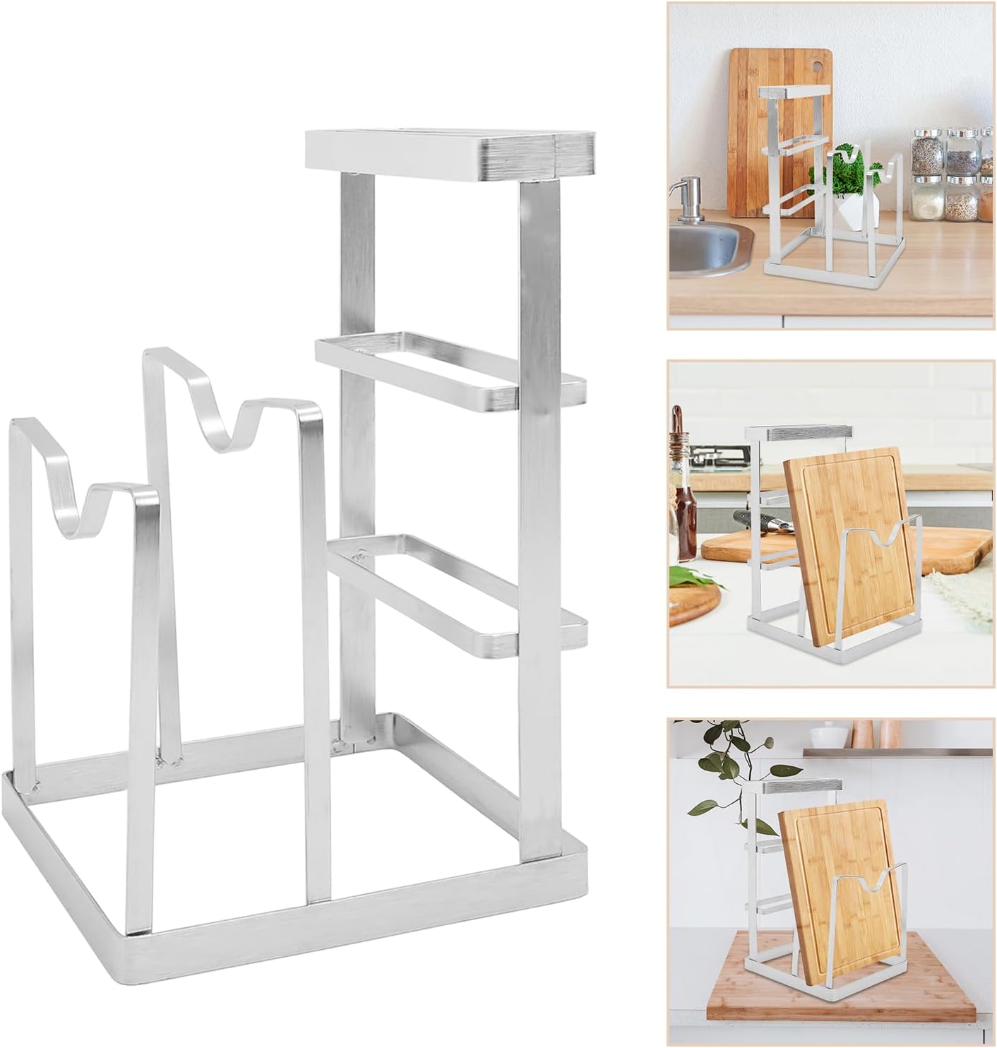Stainless Steel Pot Lid Stand and Chopping Board Rack for Kitchen Countertop Organization, Knife Storage Block, Space-Saving Cooking Accessory