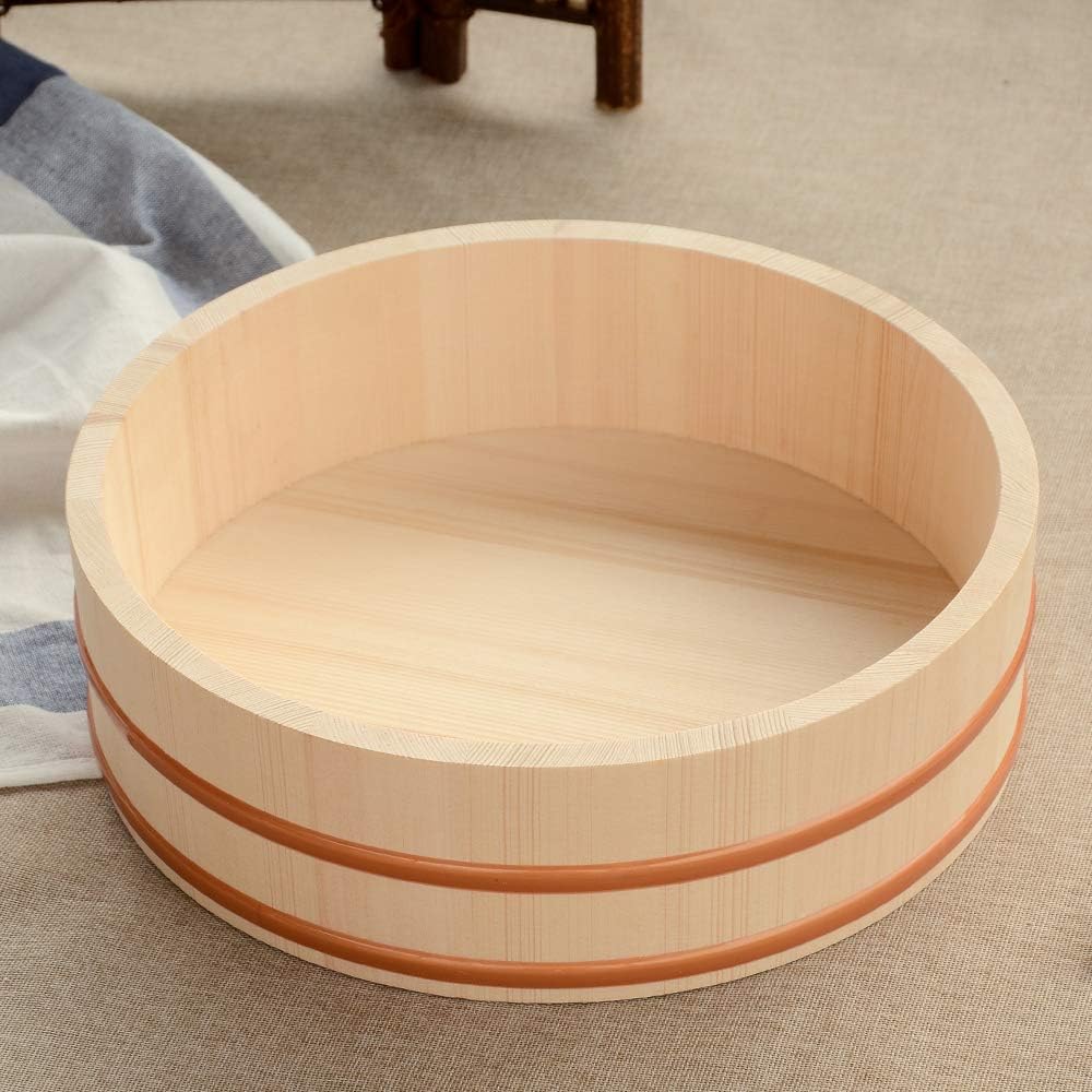 Kichgather 14.2 Inch Wooden Sushi Rice Bowl Hangiri Sushi Oke Rice Mixing Tub