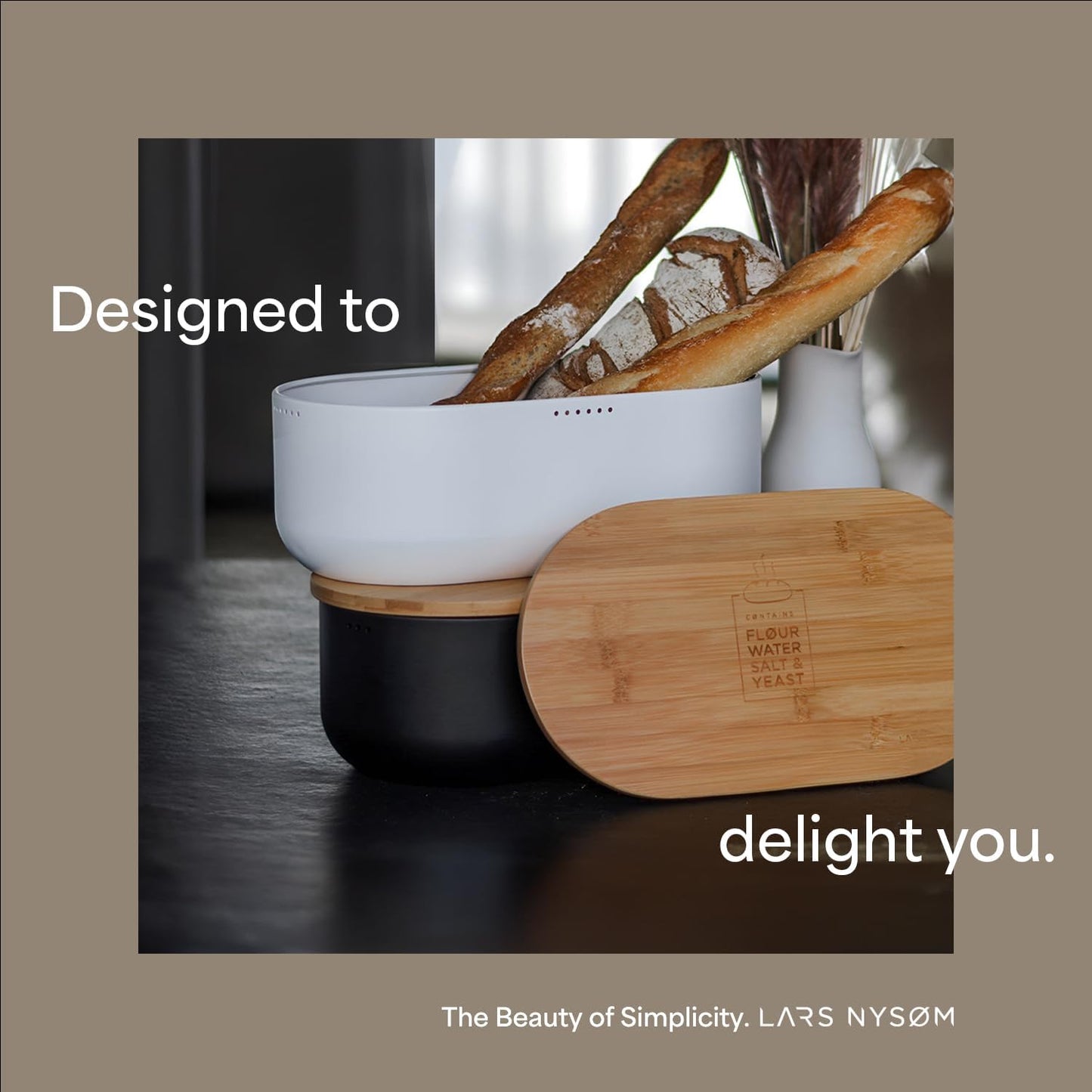 LARS NYSØM Bread Box I Metal Box with linen bag for long lasting freshness I Bread Bin with bamboo lid usable as cutting board I 14.2x7.5x5.1 In (Carbon Black)