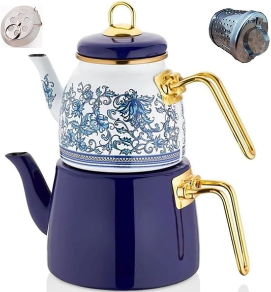 Vintage Turkish Teapot Tea Pots Kettle Set for Stovetop Stove Top Decorative Infuser Party Cups Glasses Floral Unique Boiler Samovar Strainer Loose Leaf Kitchen Style Enamel Decor (White-Blue)