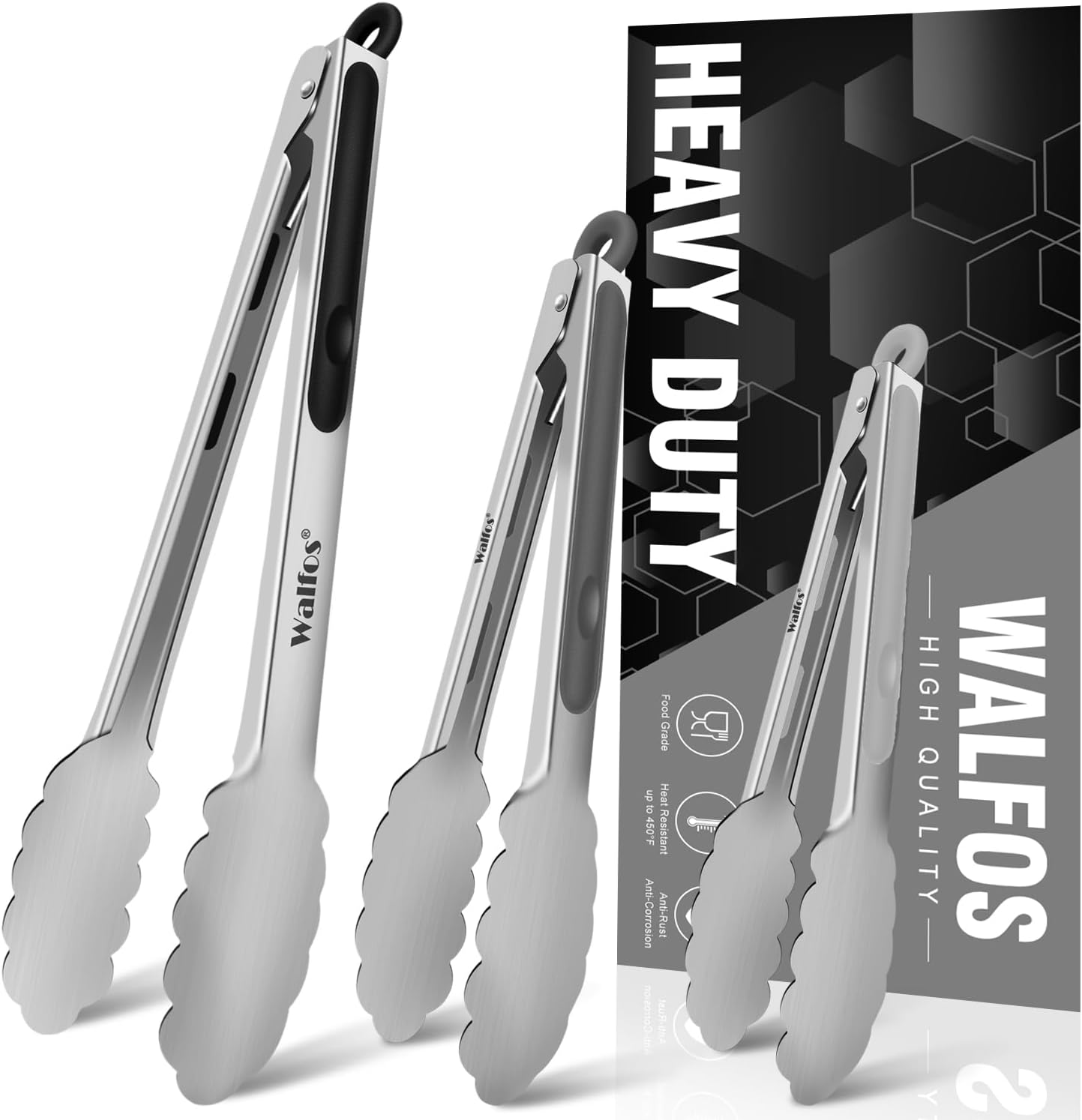 Walfos Stainless Steel Kitchen Tongs for Cooking- 7 ，9 and 12 Inch, Food Grade Metal Tongs for Cooking, BBQ, Set of 3 Heavy Duty Locking Cooking Tongs Non-Slip Grip