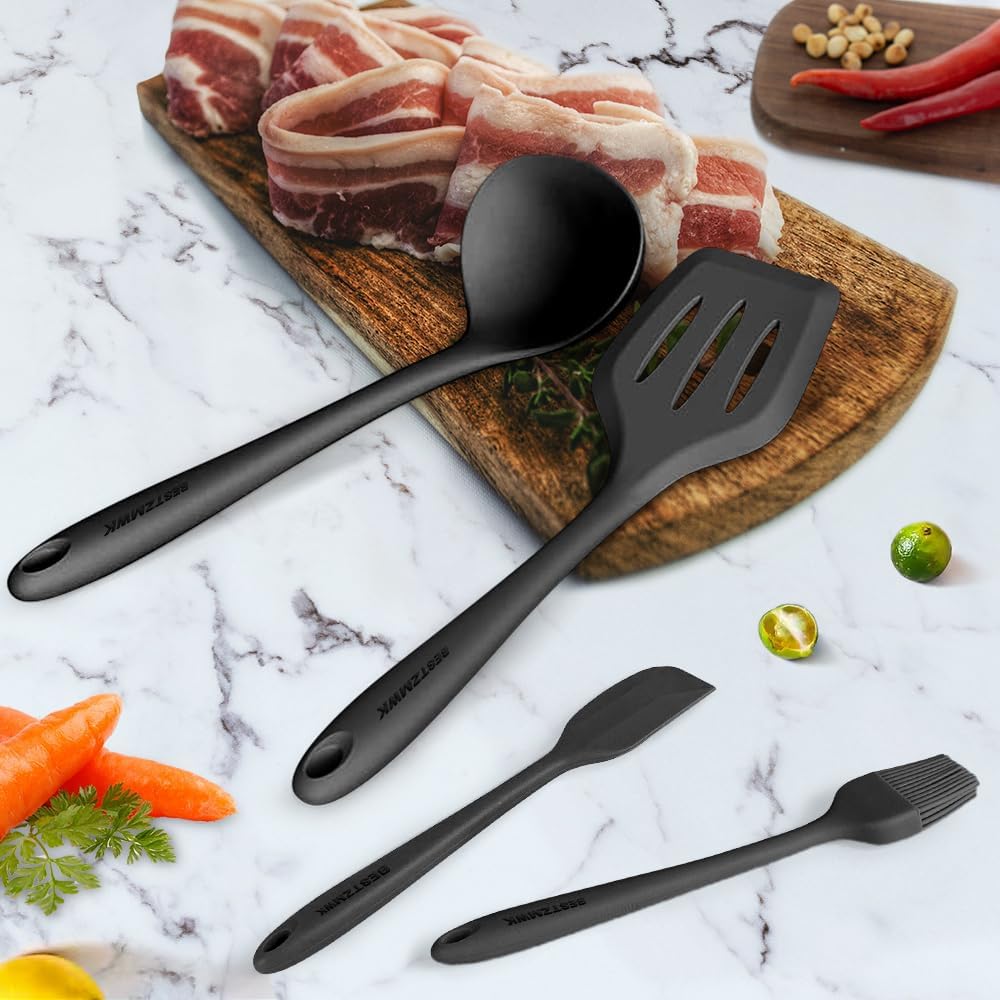Kitchen Utensil Set - 11 Cooking Utensils - Colorful Silicone Kitchen Utensils - Nonstick Cookware with Spatula Set - Colored Best Kitchen Tools Kitchen Gadgets (Black)