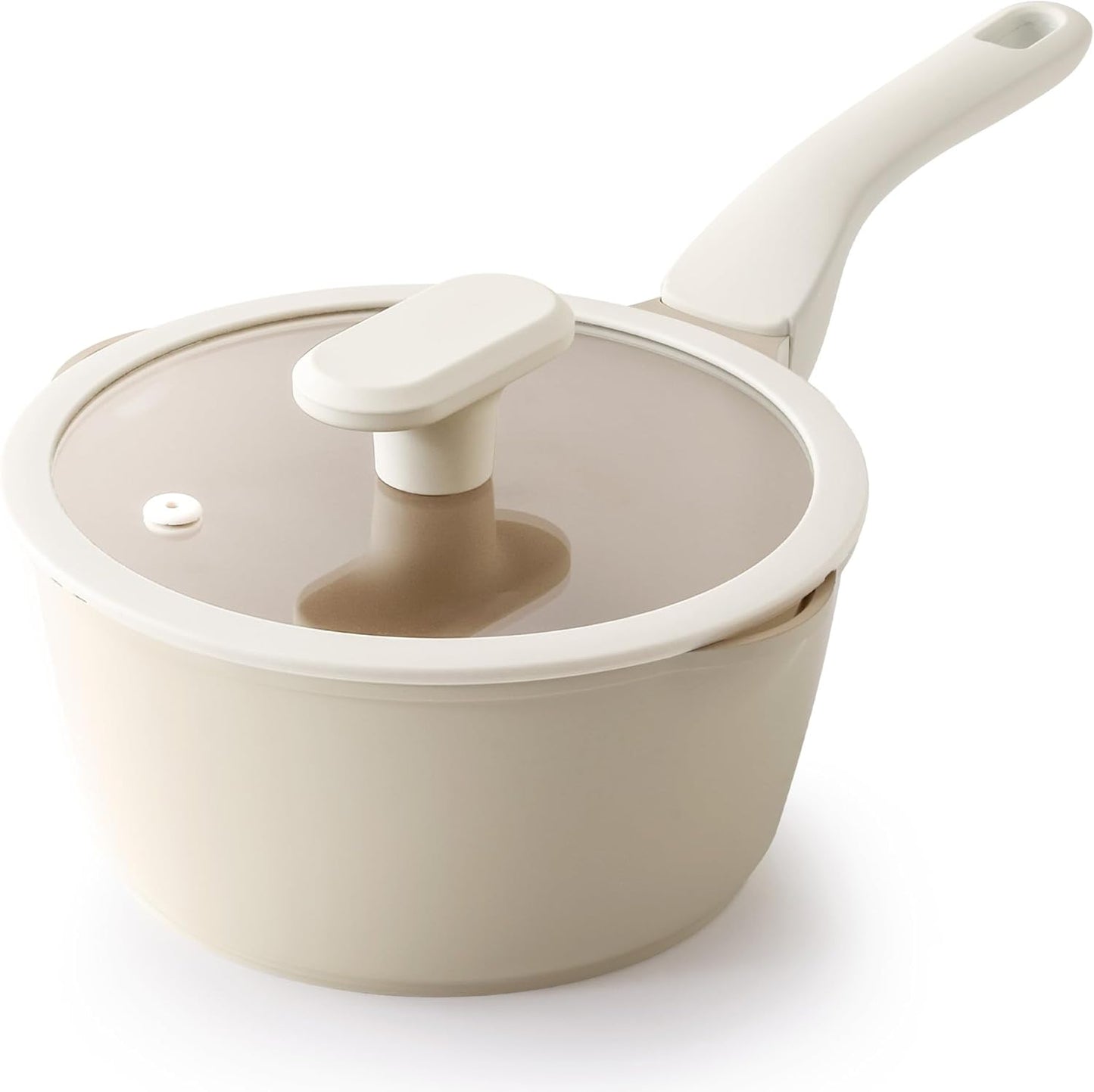 PRICUSIS Ceramic Nonstick Saucepan with Lid, 2 Quart Non Toxic Pot with Pour Spouts, Full Coated, 100% Dishwasher Safe, Induction Compatible & Oven Safe, PTFE PFAS & PFOA Free, Coconut White