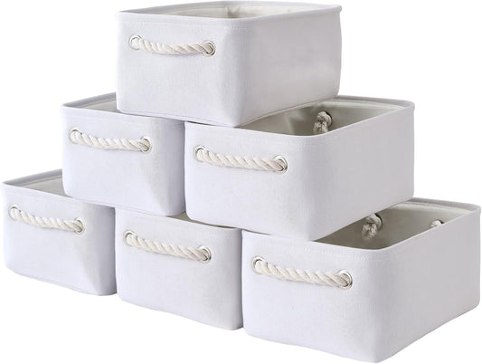 TheWarmHome Storage Basket for Organizing - Small 6 Pack 11.8x7.8x5.2 inch Gifts for Empty with Rope, Fabric Storage Cubes for Decorative Cloth Dog Livehome (White)