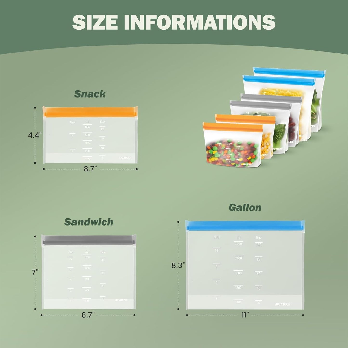 Dishwasher Safe Reusable Storage Bags Stand Up - BPA Free Reusable Sandwich Bags - Leakproof Gallon Freezer Bags, Silicone Food Storage Bag - Multicolor 8 Gallon + 8 Sandwich + 8 Snack Bags