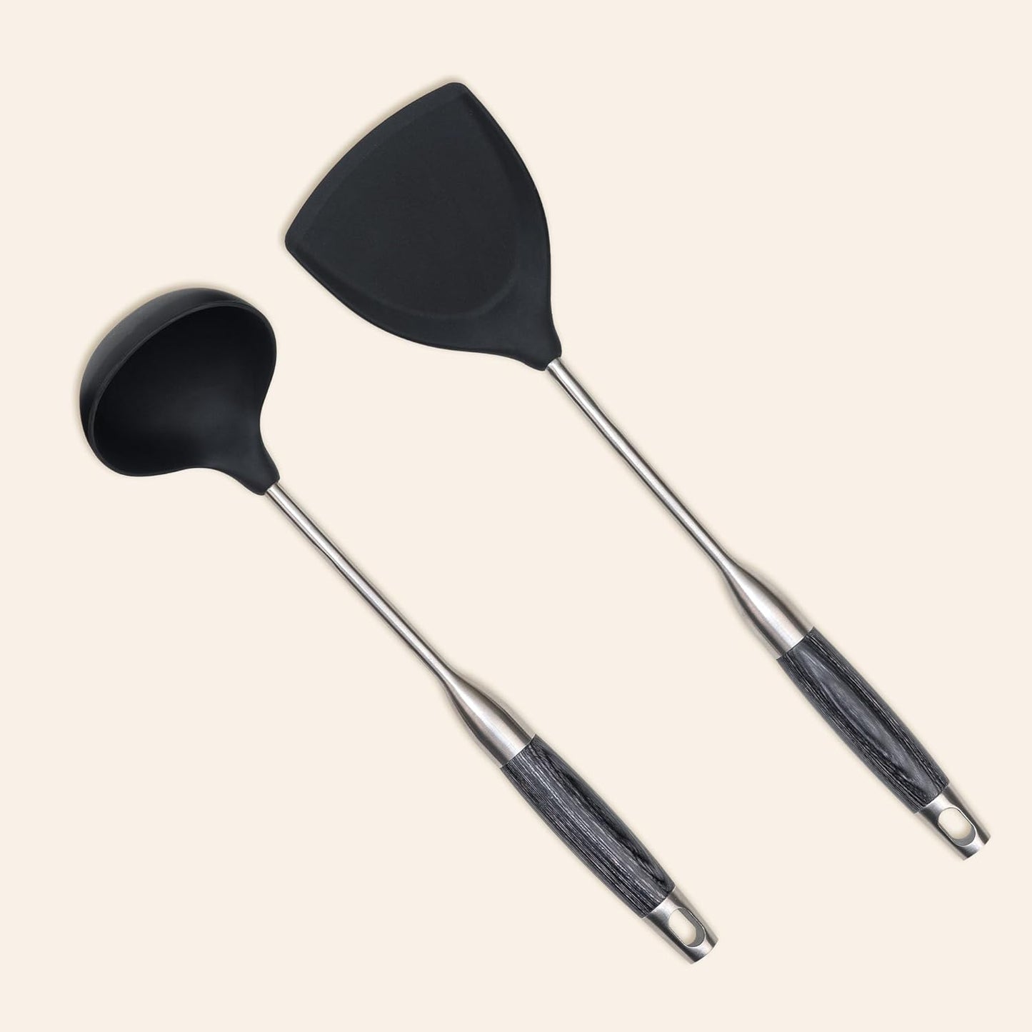 FJNATINH Silicone Wok Spatula and Ladle Set - Stainless Steel Wok Tools, Wok Utensil,Non Stick Heat-Resistant Cooking Utensils BPA Free Kitchen Utensils Cookware (Black Stainless Steel-2PCS)
