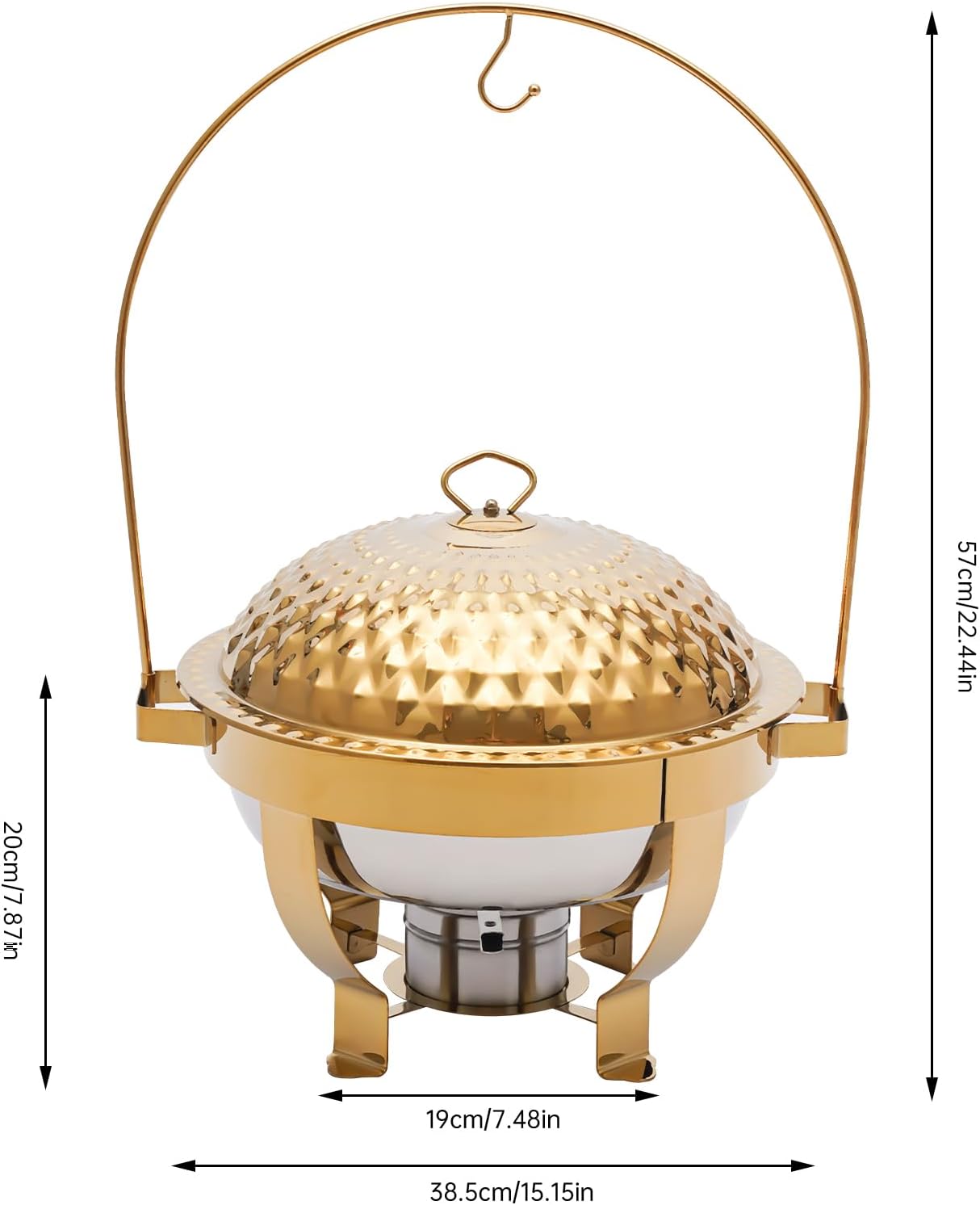Chafing Dish Buffet Set, Stainless Steel Hanging Lid Dining Stove, Roll Top Chafing Dish Buffet Diamond-Shaped Lid and Round Stand for Buffet Restaurants and Banquets (Gold, 4.5L/4.76Qt)