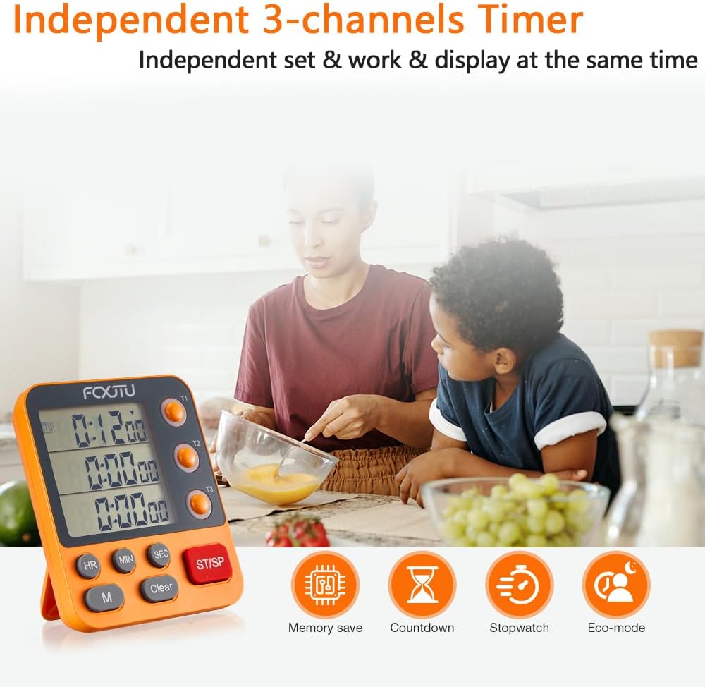 FCXJTU Digital Dual Triple Kitchen Timer, 3-Channel Magnetic Countdown Timer for Cooking, Large Display Stopwatch Multi Food Classroom Timer Loud Alarm for Seniors Teachers Battery Included (Orange)