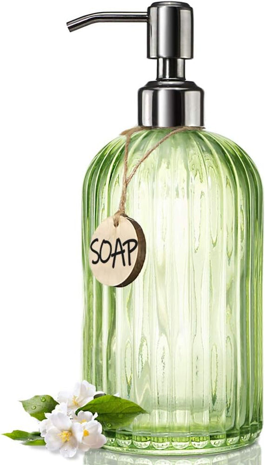 JASAI 18 Oz Vertical Striped Green Soap Dispenser with 304 Rust Proof Stainless Steel Pump, Refillable Lotion Soap Dispenser for Bathroom, Kitchen, Hand Soap, Dish Soap (Clear Green)