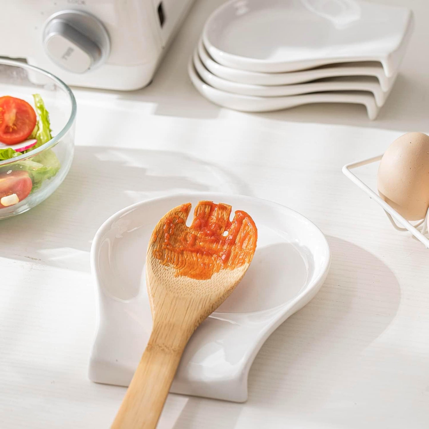 Spoon Rest for Kitchen Counter, 5.5 Inches Spoon Holder, Ceramic Ladle Rest for Stove Top, Spatula Holder Porcelain, Coffee, Kitchen Utensils Accessories, Set of 4, White